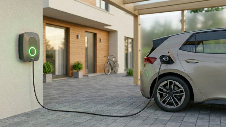 Modernes Elektroauto wird in einer österreichischen Carport-Einfahrt über ein Typ-2-Ladekabel an einer herstellerneutralen Wallbox mit grün leuchtendem LED-Ring aufgeladen.