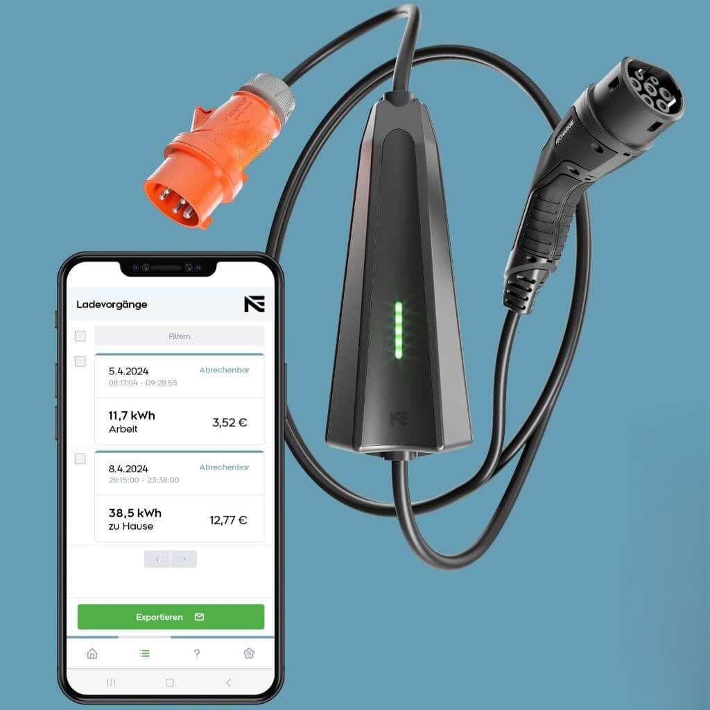Smartphone zeigt die NEcharge App mit Live-Ladedaten, Stromstärken-Einstellung und Ladestatistiken für NEcharge Pro und One.
